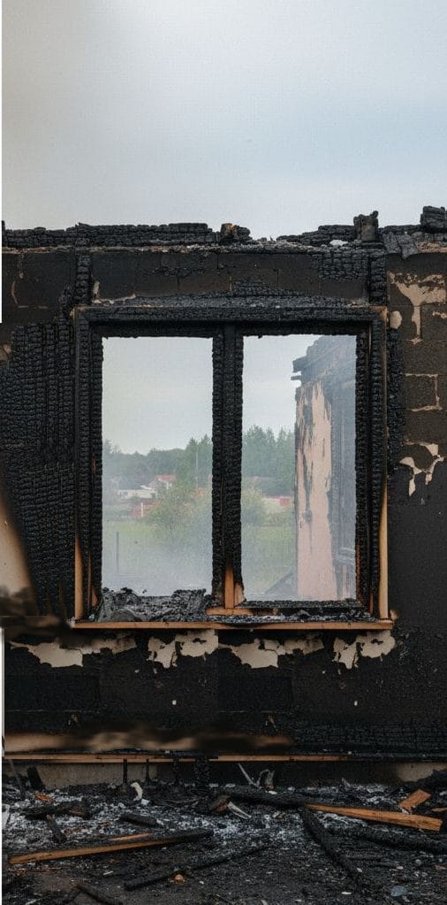 Timber window frames charred after a fire
